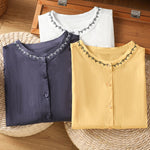 Buddha Stones Summer Button-Up Solid Crew Neck Women's Sleeveless Shirts