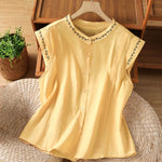 Buddha Stones Summer Button-Up Solid Crew Neck Women's Sleeveless Shirts