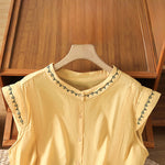 Buddha Stones Summer Button-Up Solid Crew Neck Women's Sleeveless Shirts