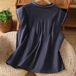 Buddha Stones Summer Button-Up Solid Crew Neck Women's Sleeveless Shirts