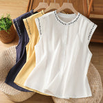 Buddha Stones Summer Button-Up Solid Crew Neck Women's Sleeveless Shirts