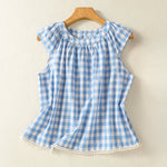 Buddha Stones Summer Pleated Yoke Gingham Check Women's Sleeveless T-Shirts Tank Top