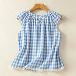 Buddha Stones Summer Pleated Yoke Gingham Check Women's Sleeveless T-Shirts Tank Top