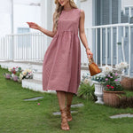 Buddha Stones Summer Casual Plaid Cotton Women's Sleeveless Dress With Pockets