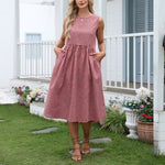 Buddha Stones Summer Casual Plaid Cotton Women's Sleeveless Dress With Pockets