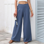 Buddha Stones Plain Color Cotton Linen High Waist Women's Wide Leg Pants With Pockets