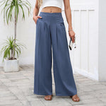 Buddha Stones Plain Color Cotton Linen High Waist Women's Wide Leg Pants With Pockets