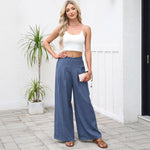 Buddha Stones Plain Color Cotton Linen High Waist Women's Wide Leg Pants With Pockets