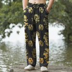 Buddha Stones Cotton Golden Dragon Pattern Men's Tapered Pants With Pockets