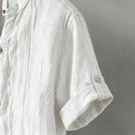 Buddha Stones Summer Half Buttons Rolled Sleeves Design Cotton Linen Men's Short Sleeve Shirt