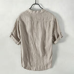 Buddha Stones Summer Half Buttons Rolled Sleeves Design Cotton Linen Men's Short Sleeve Shirt