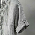 Buddha Stones Summer Half Buttons Rolled Sleeves Design Cotton Linen Men's Short Sleeve Shirt