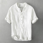 Buddha Stones Summer Half Buttons Rolled Sleeves Design Cotton Linen Men's Short Sleeve Shirt