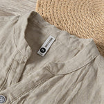 Buddha Stones Summer Half Buttons Rolled Sleeves Design Cotton Linen Men's Short Sleeve Shirt