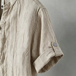 Buddha Stones Summer Half Buttons Rolled Sleeves Design Cotton Linen Men's Short Sleeve Shirt
