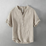 Buddha Stones Summer Half Buttons Rolled Sleeves Design Cotton Linen Men's Short Sleeve Shirt