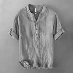 Buddha Stones Summer Half Buttons Rolled Sleeves Design Cotton Linen Men's Short Sleeve Shirt