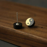Buddha Stones Ebony Wood Yin Yang Balance Stud Earrings