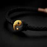 Buddha Stones 925 Sterling Silver 999 Gold Yin Yang Bagua Symbol Balance Leather Bracelet