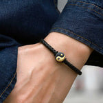 Buddha Stones 925 Sterling Silver 999 Gold Yin Yang Bagua Symbol Balance Leather Bracelet