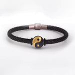 Buddha Stones 925 Sterling Silver 999 Gold Yin Yang Bagua Symbol Balance Leather Bracelet