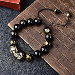 Buddha Stones Natural Gold Sheen Obsidian PiXiu Om Mani Padme Hum Protection Rope Bracelet