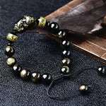 Buddha Stones Natural Gold Sheen Obsidian PiXiu Om Mani Padme Hum Protection Rope Bracelet
