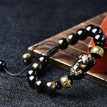 Buddha Stones Natural Gold Sheen Obsidian PiXiu Om Mani Padme Hum Protection Rope Bracelet