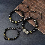 Buddha Stones Natural Gold Sheen Obsidian PiXiu Om Mani Padme Hum Protection Rope Bracelet