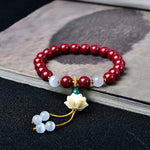 Buddha Stones Natural Cinnabar Cat's Eye Ivory Fruit Lotus Charm Blessing Bracelet