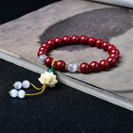 Buddha Stones Natural Cinnabar Cat's Eye Ivory Fruit Lotus Charm Blessing Bracelet
