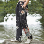 Buddha Stones Cotton Oriental Dragon Lotus Pattern Men's Tapered Pants With Pockets