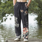Buddha Stones Cotton Oriental Dragon Lotus Pattern Men's Tapered Pants With Pockets