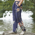 Buddha Stones Cotton Oriental Dragon Lotus Pattern Men's Tapered Pants With Pockets