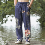 Buddha Stones Cotton Oriental Dragon Lotus Pattern Men's Tapered Pants With Pockets