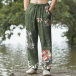 Buddha Stones Cotton Oriental Dragon Lotus Pattern Men's Tapered Pants With Pockets