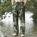 Buddha Stones Cotton Bamboo Leaf Patchwork Pattern Men's Tapered Pants With Pockets