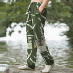 Buddha Stones Cotton Bamboo Leaf Patchwork Pattern Men's Tapered Pants With Pockets