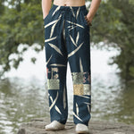 Buddha Stones Cotton Bamboo Leaf Patchwork Pattern Men's Tapered Pants With Pockets