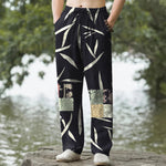 Buddha Stones Cotton Bamboo Leaf Patchwork Pattern Men's Tapered Pants With Pockets