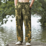 Buddha Stones Cotton Golden Dragon Pattern Men's Tapered Pants With Pockets
