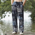 Buddha Stones Cotton Geometric Patchwork Pattern Men's Tapered Pants With Pockets