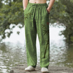 Buddha Stones Cotton Bamboo Leaves Ink Pattern Men's Tapered Pants With Pockets