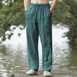 Buddha Stones Cotton Bamboo Leaves Ink Pattern Men's Tapered Pants With Pockets
