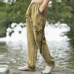 Buddha Stones Cotton Bamboo Leaves Ink Pattern Men's Tapered Pants With Pockets