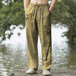 Buddha Stones Cotton Bamboo Leaves Ink Pattern Men's Tapered Pants With Pockets