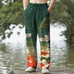 Buddha Stones Cotton Crane Pine Temple Landscape Pattern Men's Tapered Pants With Pockets