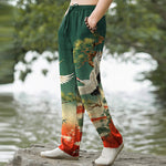 Buddha Stones Cotton Crane Pine Temple Landscape Pattern Men's Tapered Pants With Pockets