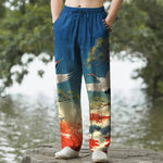 Buddha Stones Cotton Crane Pine Temple Landscape Pattern Men's Tapered Pants With Pockets