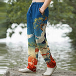 Buddha Stones Cotton Crane Pine Temple Landscape Pattern Men's Tapered Pants With Pockets